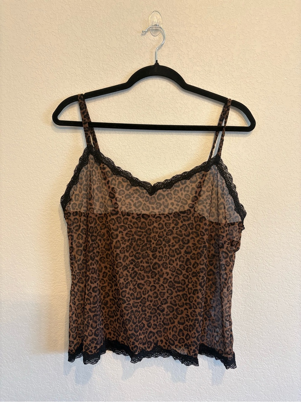 Leopard Print Lace Trim Camisole Tank Y2K Sheer Animal Print Top Women’s XL - Picture 2 of 13